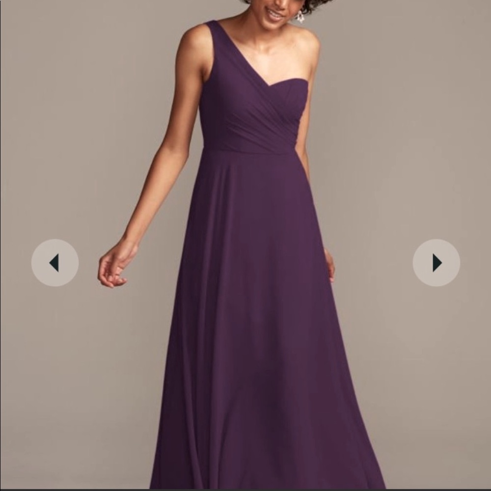 NWT David’s Bridal Plum Chiffon One-Shoulder Long Bridesmaid Dress, Size 4